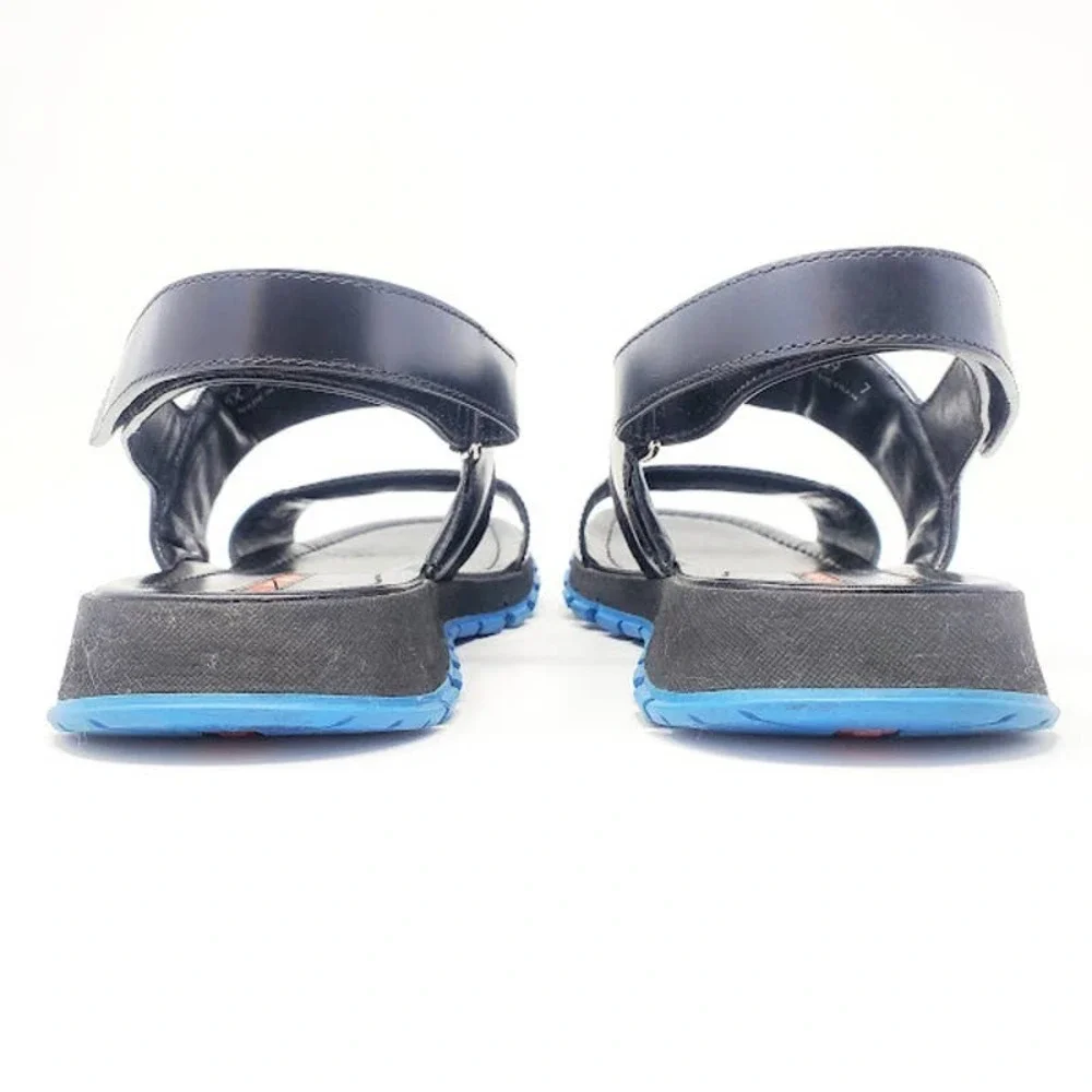 Prada LOGO Sandals Platform Black Leather Blue Rubber Sole Dad Sandals EU‎ 39